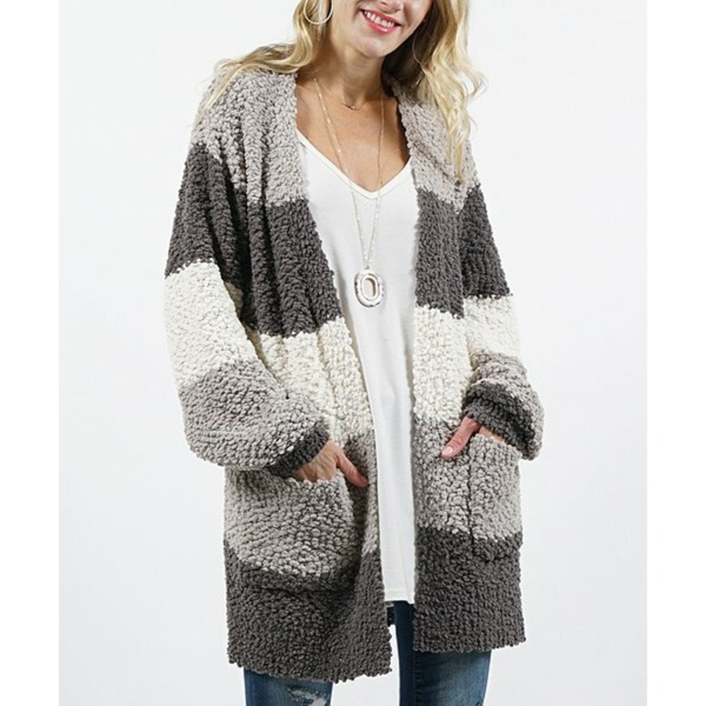 Women's Cardigan 42 Pops Cozy Striped Long Sleeve  Popcorn Knit One size